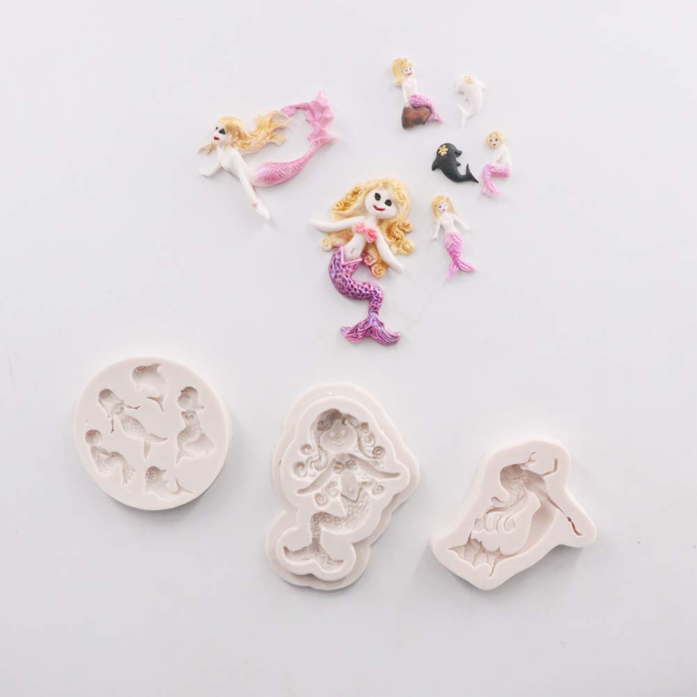 kowanii Mermaid Fondant Mold Silicone, Gumpaste Moldes Fondant Cupcake Decorating Supplies Cake Decorating Tools, 3-Pack