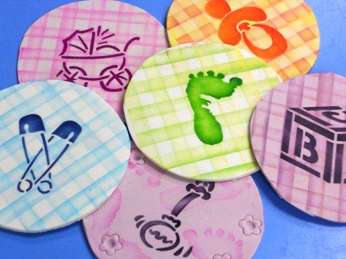 kowanii Baby Cookie and Cupcake Stencils (Large), Baby Carriage - Rattel - Pacifier - Block - Diaper Pins - Footprint Cookie Stencil Set, 6 Pack