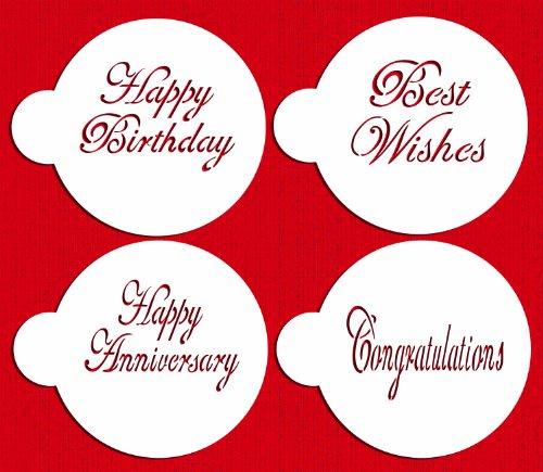 kowanii Script Celebration Cake Stencils Set (Happy Birthday - Best Wishes - Happy Anniversary - Congratulations) Cookie Stencils, 4 Pack