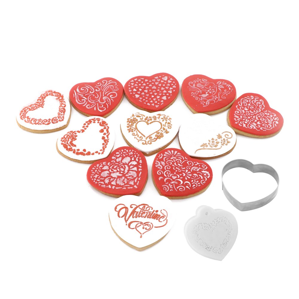 kowanii Valentine Cookie Decorating Stencil and Cutter Set, 11-Pieces Cookie Stencils for Royal Icing, 1-Piece Love Heart Cookie Cutter(Valentine's Day)