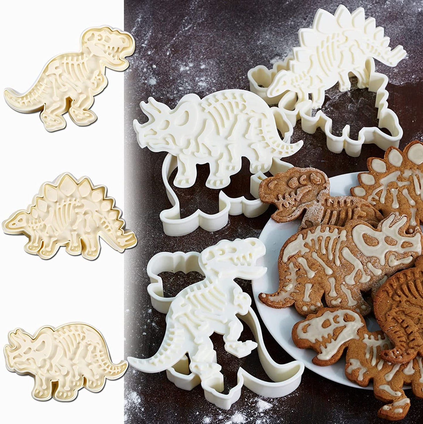 Dinosaur Cookie Cutters Set with T-Rex Stegosaurus Triceratops Skeleton Fossil